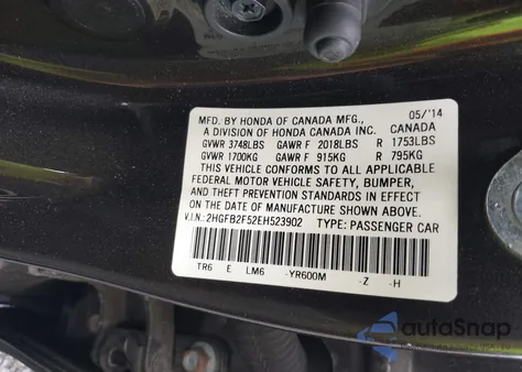 2014 Honda Civic Sedan Lx from USA, damaged, VIN 2HGFB2F52EH523902